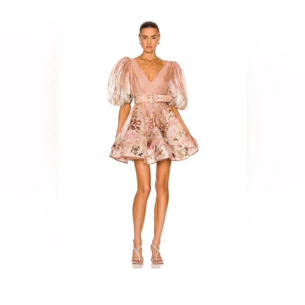 Zimmermann FLORAL-MOTIF DANCER MINI DRESS WITH PUFF-SLEEVE AND BELT